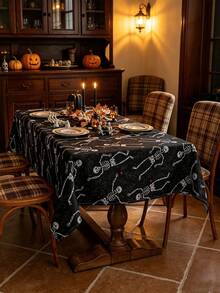 MineLain 1pc Halloween Party Tablecloth, Black, Skull Print Pattern, Rectangular Tablecloth, Washable, Tabletop Decoration, Holiday Decoration, Suitable For Halloween Event Decoration, Restaurant Decoration, Theme Party Decoration, Indoor And Outdoor Decor, Halloween Decoration - Black - View 4