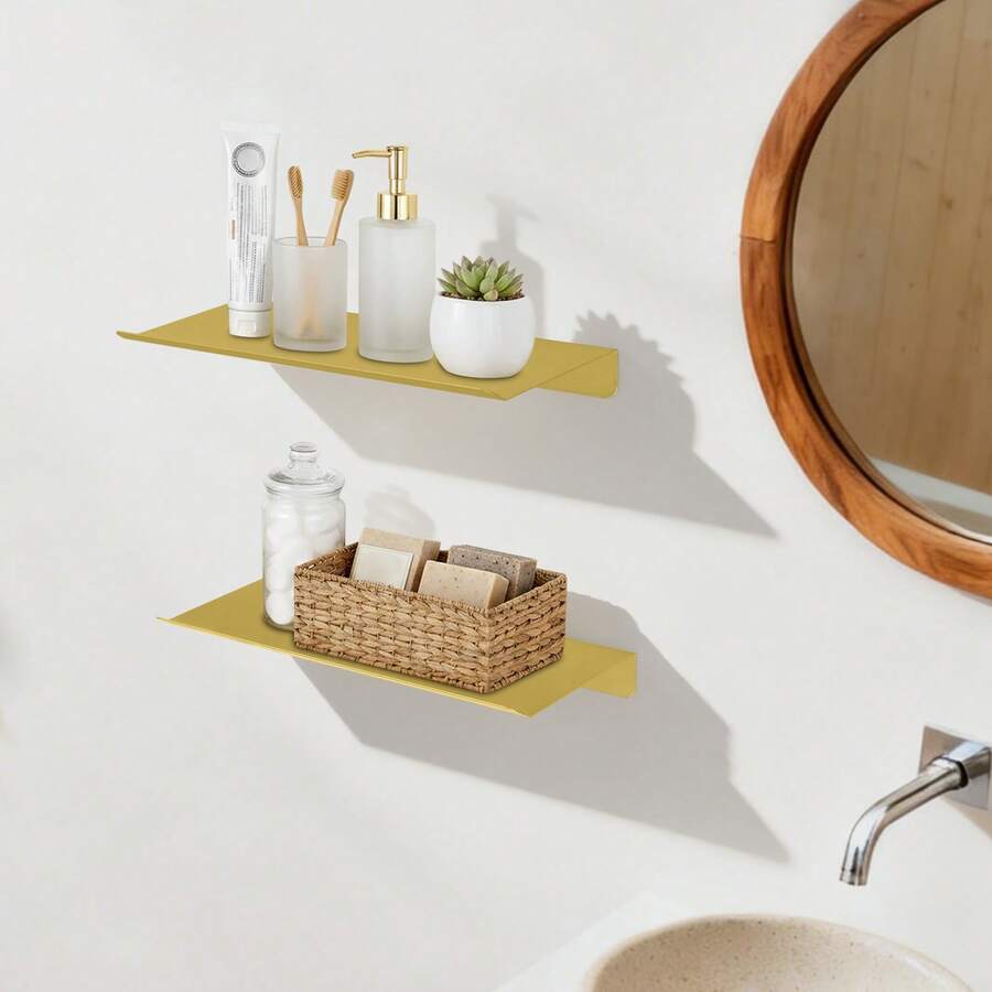 2 Pack Metal Floating Wall Mount Storage Shelves 30*12.5*3.2CM, Adhesive Wall Display Rack For Succulents, Fragrance Diffusers And Decor Ornaments, Hanging Organizer For Bedroom Study Office Wall Decor Storage - Gold - View 1