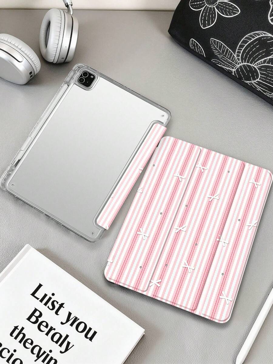 粉色與白色條紋蝴蝶結平板保護殼，適用於 iPad Mini6/Mini7/Air/Air2/9.7/10.2/10.5/10.9 (Air4-Air8)/Pro 11/10th Gen/A16/Pro 11 2024，彩繪圖案平板保護殼配透明壓克力背殼，三折支架，睡眠/喚醒功能，內建筆槽，不含筆，部分機型附相機框 - 彩色 - 查看 1