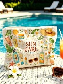 New Sun Protection Theme Large Capacity Lightweight Zippered Makeup Bag, Beach Bag, Fresh Hand-Drawn Sun And Sunscreen Design, Summer Sun Care Storage Gift, Zippered Travel Organizer Bag, Lightweight Fade-Resistant Makeup Toiletry Bag Suitable For Women And Men, Easy-To-Clean Design, Suitable For Mothers, Teachers, Friends, Nurses Makeup Bag, School Vacation Holiday Back-To-School Supplies Toiletry Bag, Essential Travel Makeup Bag - Multicolor - View 1