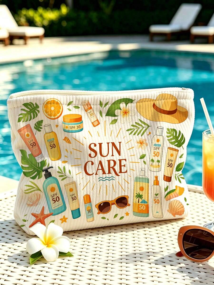 New Sun Protection Theme Large Capacity Lightweight Zippered Makeup Bag, Beach Bag, Fresh Hand-Drawn Sun And Sunscreen Design, Summer Sun Care Storage Gift, Zippered Travel Organizer Bag, Lightweight Fade-Resistant Makeup Toiletry Bag Suitable For Women And Men, Easy-To-Clean Design, Suitable For Mothers, Teachers, Friends, Nurses Makeup Bag, School Vacation Holiday Back-To-School Supplies Toiletry Bag, Essential Travel Makeup Bag - Multicolor - View 1