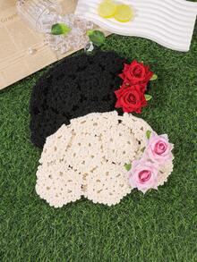 1 pieza Gorro turbante boho de ganchillo floral con tejido calado, gorro para el cabello con rosa roja, rosa rosa y lirio blanco, accesorios para el cabello para mujer, envoltura para la cabeza para vacaciones en la playa - Multicolor - Ver 9