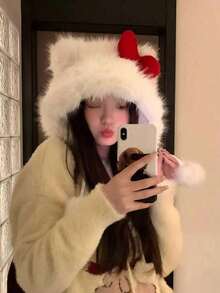 Women's Cute Bow Plush Winter Hat, Soft Fuzzy Ear-Flap Knit Cap, Warm And Comfortable, Suitable For Daily Wear, Outdoor Travel, Autumn/Winter Style - Multicolor - View 5