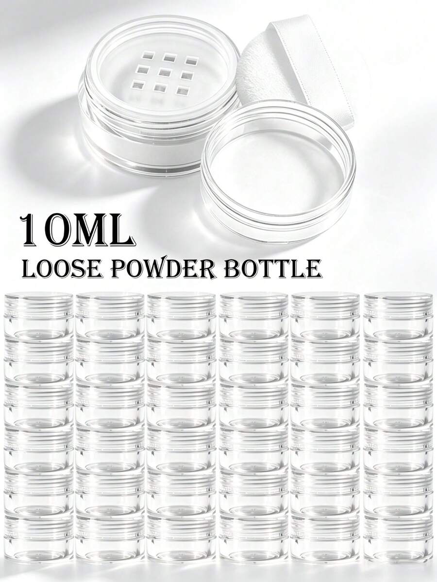 密封防漏散粉分裝盒 1/12入 10ML 高透明塑料極簡透明圓形寬口 附9格篩網旋蓋與植絨粉撲 便攜化妝品補充收納空瓶 適合旅行、DIY日常化妝品收納