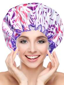 1pc Extra Large Women's Black & White Shower Cap, Double Layer PEVA Hair Cap, Shower Accessories - View 4