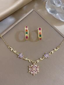 Elegant Luxury Flower Zirconia Chain Necklace Earrings Set For Women Golden Chain And Hoops Earrings For Birthday Valentine's Day Party Jewelry Gifts - Multicolor - View 1
