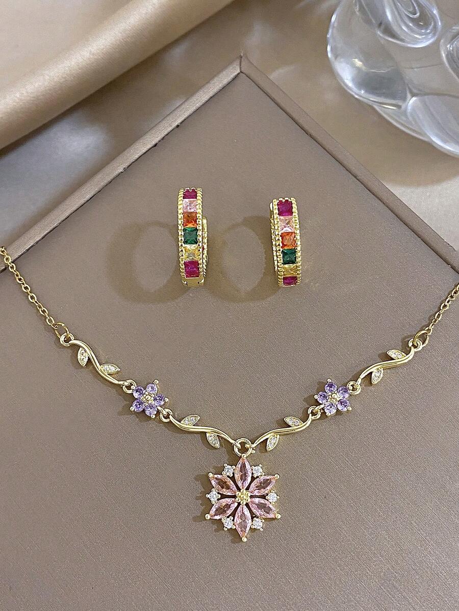 Elegant Luxury Flower Zirconia Chain Necklace Earrings Set For Women Golden Chain And Hoops Earrings For Birthday Valentine's Day Party Jewelry Gifts - Multicolor - View 1