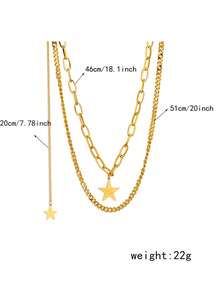 RAYQUEEN 1pc Fashion Minimalist Multi-Layer Vintage Stacked Metal Stainless Steel Five-Point Star Pendant Collarbone Necklace, Suitable For Daily Wear - Gold - View 6