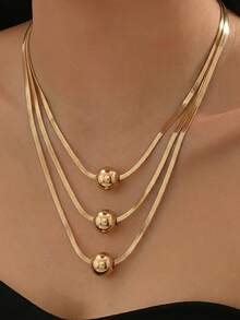 1pc Fashionable Exquisite 3-Layer Flat Snake Chain With Ball Pendant Layered Collarbone Necklace, Suitable For Women's Daily Wear, Holiday Gift And Birthday Gift - Yellow Gold - View 1