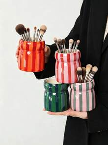 1 INS-Style Hand-Painted Two-Tone Striped Plastic Storage Tube, Cosmetic Organizer, Makeup Brush Holder, Eyebrow Pencil, Eyeliner, Lipstick Storage Box, Desktop Decoration, Holiday Gift For Family And Friends - A - View 5