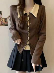 Women's Fashion Asymmetric Colorblock Lapel Tie Front 2-In-1 Long Sleeve T-Shirt Casual Top - Coffee Brown - View 1