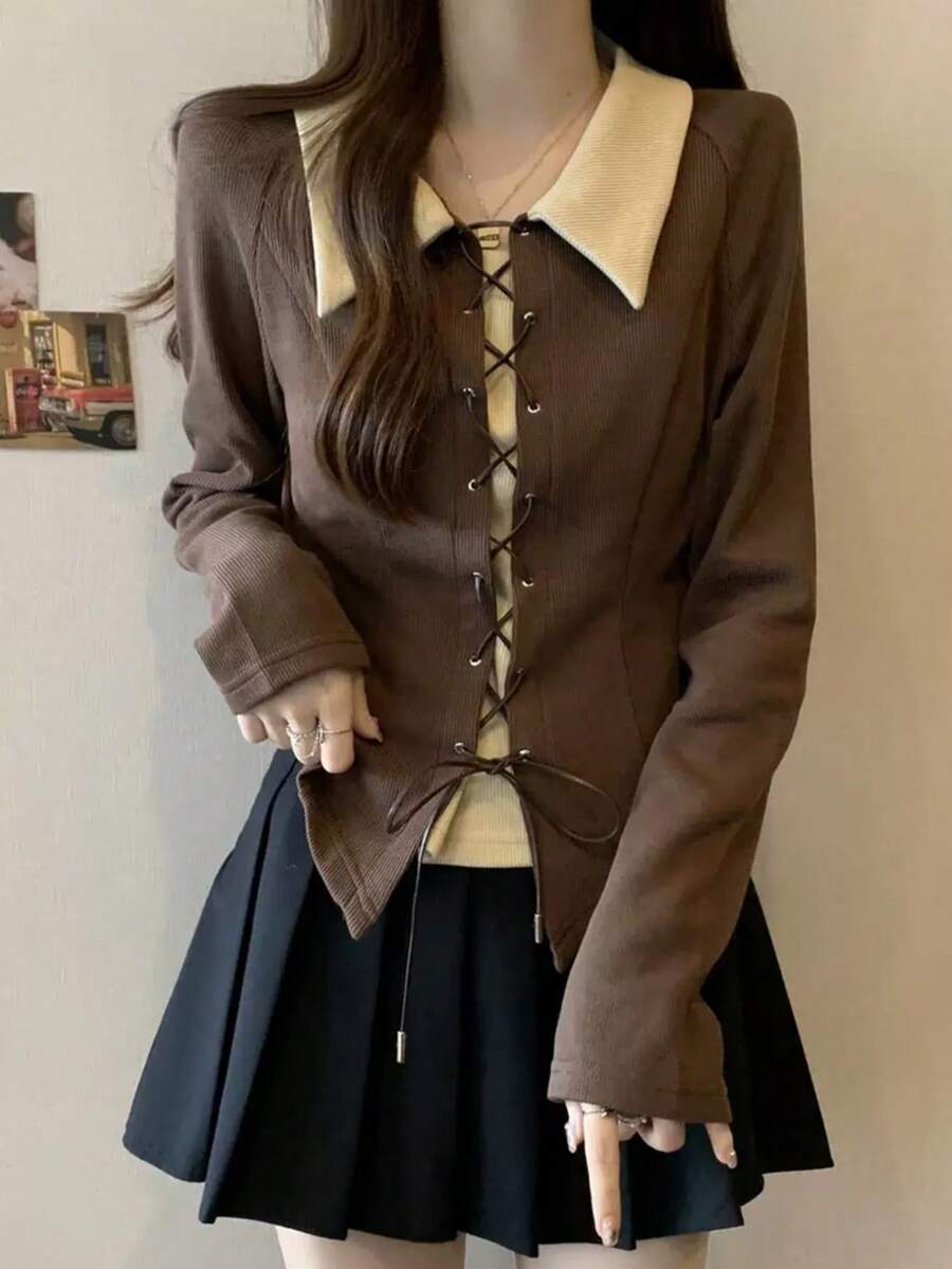 Women's Fashion Asymmetric Colorblock Lapel Tie Front 2-In-1 Long Sleeve T-Shirt Casual Top - Coffee Brown - View 1