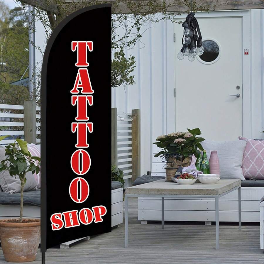 RXDAMTECH 1pc Commercial Tattoo Feather Flag, 8.2FT Outdoor Advertising Curved Banner (Includes Flag Pole And Ground Stakes) - Tear-Resistant Polyester Tattoo Signage Suitable For Stores And Events - Tattoo - View 1