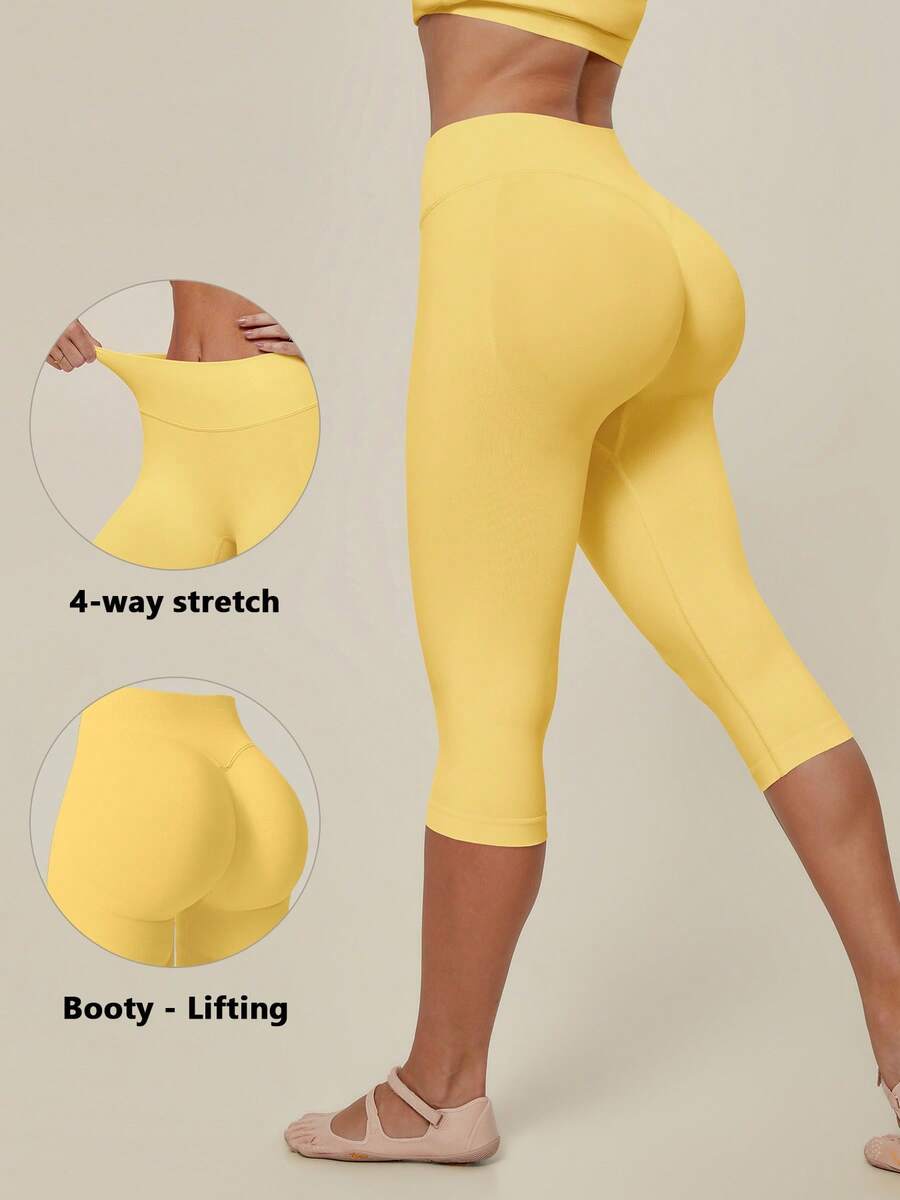 TimeOff Women's 1pc Solid Color Tummy Control Butt Lifting Slimming Sports Mid-Length Shorts - Yellow - View 1