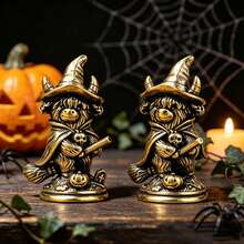 Brass Vintage Distressed Small Figurine Magic Highland Cow Riding A Broom Statue Ornament Halloween Decor Home Decoration Copper Sculpture Collector Gift - 1PC - View 1