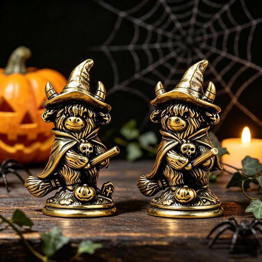 Brass Vintage Distressed Small Figurine Magic Highland Cow Riding A Broom Statue Ornament Halloween Decor Home Decoration Copper Sculpture Collector Gift - 1PC - View 1
