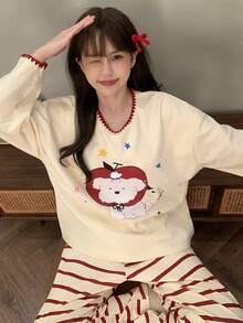 2pcs/Set Women's Pajamas Loungewear Set, Cute Animal Print Pullover Round Neck Simple Long Sleeve Pants, Comfortable For Home Wear - Champagne - View 7