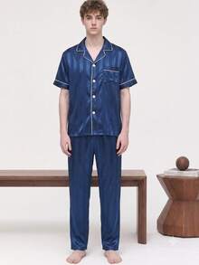 2pcs/Set Men's Pajamas Summer Short Sleeve Long Pants Satin Blue Striped Casual Comfortable Spring Autumn Wearable Fashion Home Loungewear Set - Blue - View 4