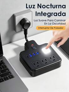 Cable de extensión corto con puertos USB, protector contra sobrecarga con múltiples enchufes, 3 tomas de corriente y 4 USB (1 USB C 5V/1A), estación de carga de pared plana con luz nocturna suave para el hogar, oficina o dormitorio - Tipo de Enchufe A USA (110-127V) - Ver 4
