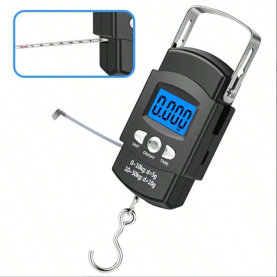 1件掛式便攜電子秤，附LCD螢幕、50cm尺，50kg/10g電子行李秤，背光顯示，適用於行李箱、掛秤、飛機行李秤、釣魚、購物、旅行 - 黑色 - 查看 1