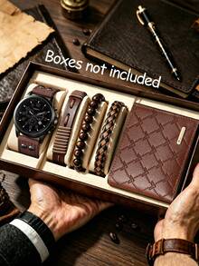 1/2/5pcs Men's Quartz Watch Set With PU Leather Strap And Brown Series Accessories, Casual Minimalist Style, Suitable For Daily Commute, Excellent Gift - Mouldless - View 1