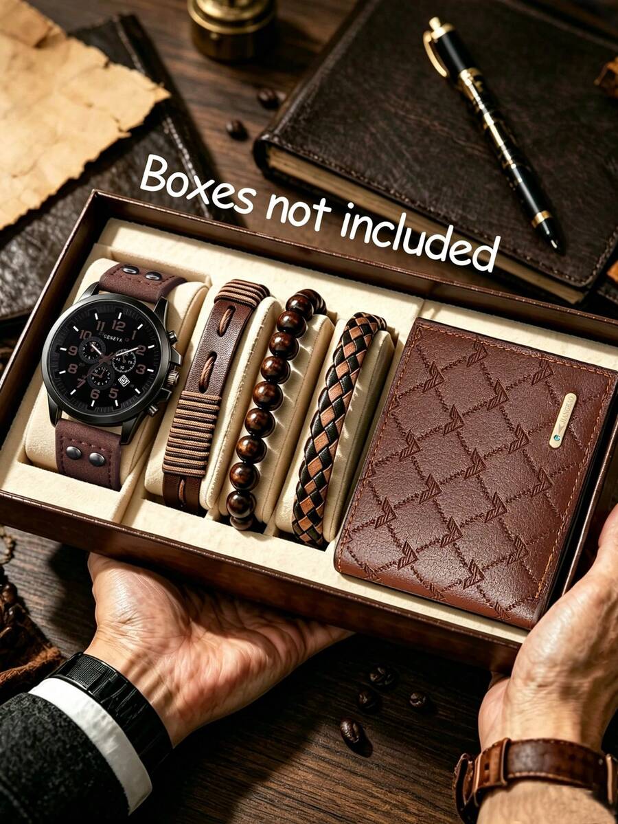 1/2/5pcs Men's Quartz Watch Set With PU Leather Strap And Brown Series Accessories, Casual Minimalist Style, Suitable For Daily Commute, Excellent Gift - Mouldless - View 1