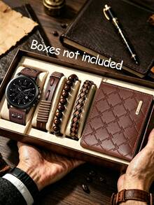 1/2/5pcs Men's Quartz Watch Set With PU Leather Strap And Brown Series Accessories, Casual Minimalist Style, Suitable For Daily Commute, Excellent Gift - Mouldless - View 3