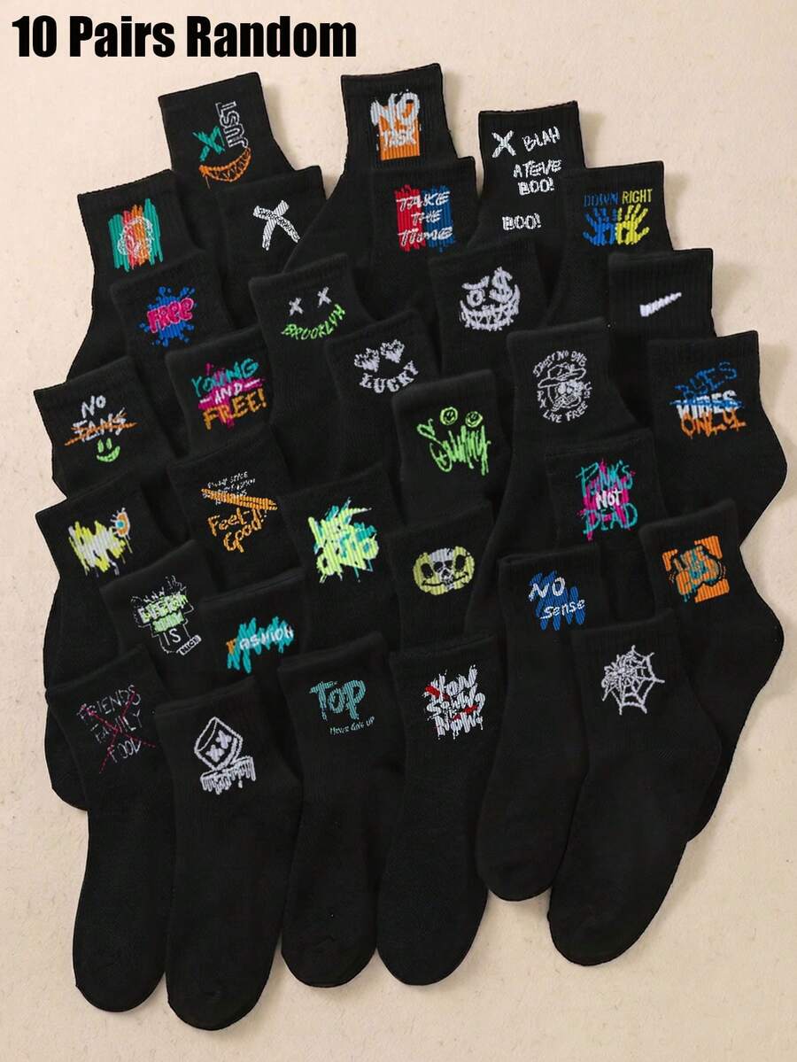 10 Pairs Random Style Children's Socks, Abstract Graffiti Pattern ...