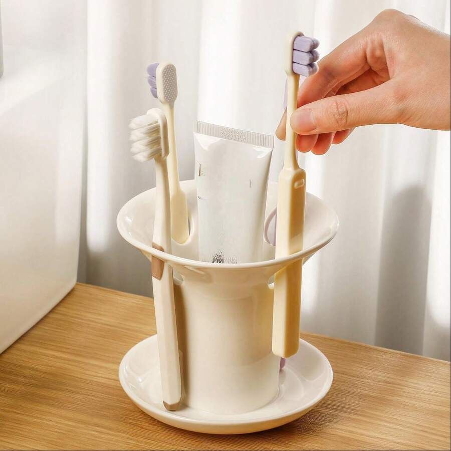1pc White Perforated, Yellow Cartoon Star Design Toothbrush Holder, Practical And Decorative, Bathroom Countertop Toothbrush And Toothpaste Storage Rack, Bathroom Accessory, Bathroom Decor