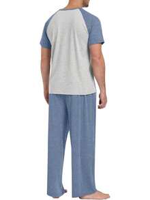 Men's Lightweight Pajama Set With Short Sleeve Top And Pants - Navy Blue-light Gray - View 2