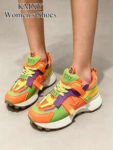 2026 New Women's Sports Shoes Thick Sole Chunky Heel Sneakers Spring/Summer Height Increasing Black & White Colorway Breathable Mesh Patchwork - Orange-red - View 4