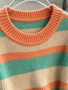 Sweater Rajut Longgar Berkerah Bulat dengan Motif Garis-Garis Blok Warna Musim Gugur/Dingin, Atasan Rajut Serbaguna - Jeruk - View 3
