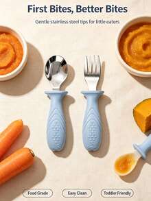 Baby & Toddler Silicone & Stainless Steel Tableware Set, Includes Spoon & Fork, With Silicone Handle, Anti-Choking Design - Multicolor - View 4