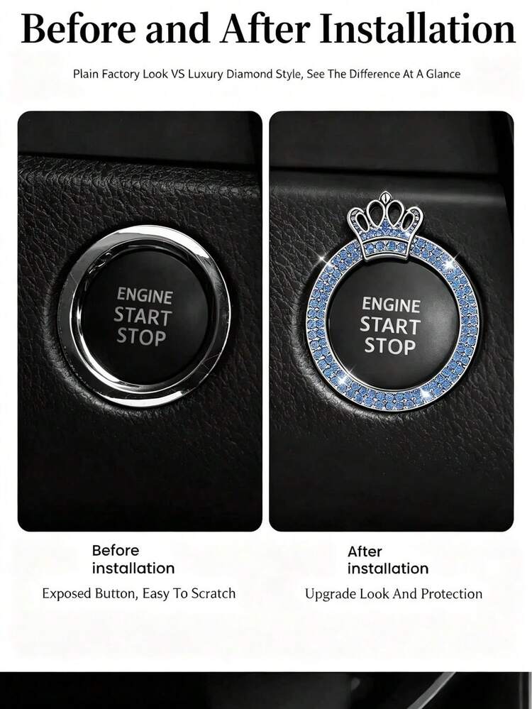 1pc Crown Shiny Car Engine Start/Stop Button Ring, Sparkling Crystal Crown Style Button Start Button Decorative Cover, Cute Car Interior Accessory, Suitable For Women - One-button Start Decorative Crown Style - View 4