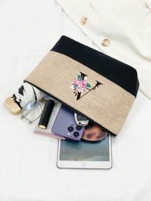 Women's Beach Tote Bag With Shoulder Strap, Pink Peony Flower A-Z Letter Print Tote Bag, Comes With Shoulder Strap And Makeup Bag; Vacation Beach Commute Shopping Bag, Gift Bag With Side Pockets, Large Capacity Handbag, Can Hold Books, Cosmetics, Parasol, Suitable For Daily Commute, Travel, Picnic, Camping, Students, Large Capacity Laptop Tote Bag, Student Commute Canvas Bag, Back To School Gift, Teacher's Day Gift - Multicolor - View 4