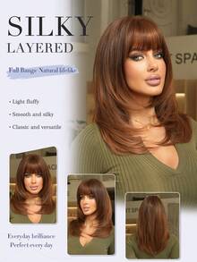 7JHH WIGS Ombre Brown Layered Bob Wig For Women 16 Inch Shoulder-Length Wig With Bangs Synthetic Heat Resistant Fiber Wigs For Daily Party Use, Mother's Day Gifts - Beginners Glueless Wig Accessories - Multicolor - View 2