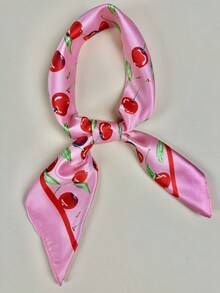 1pc Women's Cherry Print Elegant Scarf, Satin Neckerchief Headscarf, Accessory For Dress - Pink - View 3