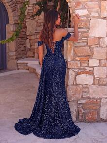 ADYCE Sequin Off-Shoulder Ruched Waist Long Tie-Front Slit Backless Cocktail Evening Gown, Elegant Formal Evening Party Dress, Suitable For Weddings - Navy Blue - View 2