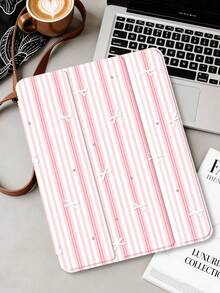 粉色與白色條紋蝴蝶結平板保護殼，適用於 iPad Mini6/Mini7/Air/Air2/9.7/10.2/10.5/10.9 (Air4-Air8)/Pro 11/10th Gen/A16/Pro 11 2024，彩繪圖案平板保護殼配透明壓克力背殼，三折支架，睡眠/喚醒功能，內建筆槽，不含筆，部分機型附相機框 - 彩色 - 查看 3
