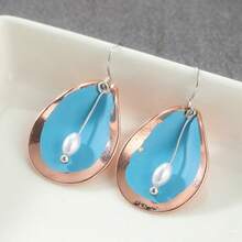 Bohemian Water Drop Dangle Earrings, Rose Gold Frame With Sky Blue Oil Drop And Floating Pearl, Lightweight And Comfortable, Suitable For Summer Outfits, Beach Vacation, Travel - Silver - View 4