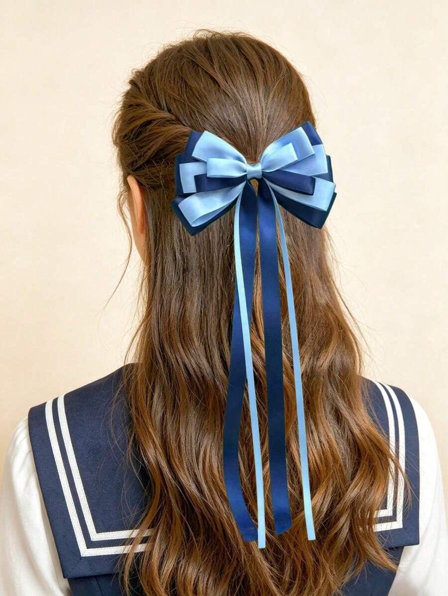 1pc Girls Simple Bow Ribbon Hair Clip, Multi-Layer Ribbon Bow Half-Up Ponytail Hair Clip, Suitable For Daily Wear, Back To School, Matching Outfits - Navy Blue - View 1