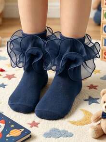 1 Pair Girls Socks Children Ruffle Pleated Lace Princess Baby Socks - Navy Blue - View 6