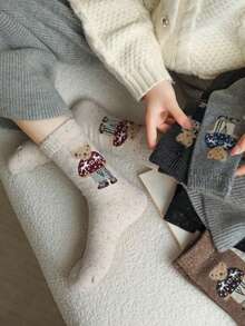 5 Pairs Vintage Polka Dot Short Socks With Cute Bear Pattern, Suitable For Warmth In Autumn And Winter. 1/3/5 Pairs - Set a - View 6