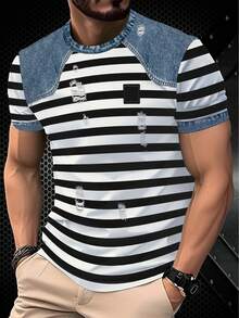 Distressed Ripped Striped Short Sleeve T-Shirt, All-Over Black And White Classic Horizontal Stripe Print, Shoulder And Cuff Faux Washed Denim Patchwork Design, Multiple Ripped And Frayed Details For Vintage Look, Slim Fit Round Neck Elastic Skin-Friendly, Versatile Casual Men's Wear - White - View 1