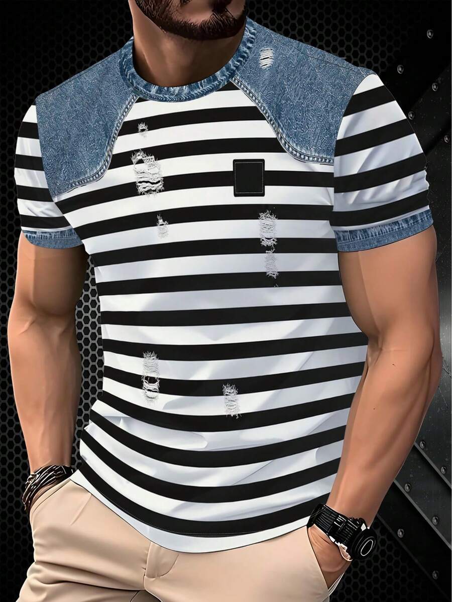 Distressed Ripped Striped Short Sleeve T-Shirt, All-Over Black And White Classic Horizontal Stripe Print, Shoulder And Cuff Faux Washed Denim Patchwork Design, Multiple Ripped And Frayed Details For Vintage Look, Slim Fit Round Neck Elastic Skin-Friendly, Versatile Casual Men's Wear - White - View 1