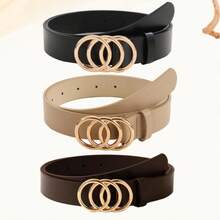 3pcs/Set Sabuk Kulit PU Klasik Wanita Ukuran Plus dengan Gesper Paduan 3 Cincin, Modis dan Serbaguna untuk Semua Musim Panas, Sekolah, Musim Gugur, - Tiga gesper cincin - View 51
