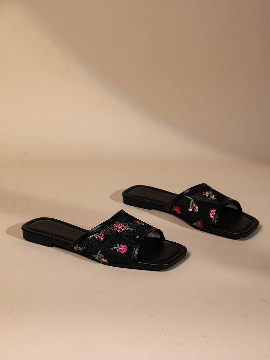 Elegant Vintage Floral Embroidered Square Toe Slides, Women's Soft Breathable Mesh Flat Sandals For Vacation And Beach - Black - View 1