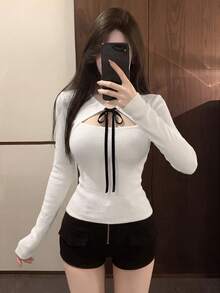 2026 Sexy Style 2 In 1 Tie-Up Knitted Top, Black & White Contrast Ribbon Bow Ribbed Slim Fit Long Sleeve, Soft Feminine Waist-Cinching Cropped Base Layer, Spring/Autumn Date & Commute, Soft Skin-Friendly Slimming Knit Sweater For Women 18-35 - White - View 5