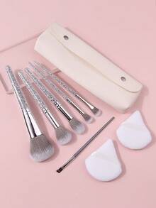 9pcs Makeup Brush Set With Makeup Sponges + PU Storage Bag, Compact All-In-One Daily Face And Eye Makeup Application Tools - Silver - View 5