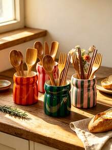4pcs Handmade Wavy Ceramic Utensil Holder, Glossy Macaron Color Cutlery Storage Canister, Kitchen Countertop Utensil Organizer, Multi-Functional Spoon Fork Chopstick Holder, Farmhouse Style Tabletop Home Decor - Multicolor - View 4